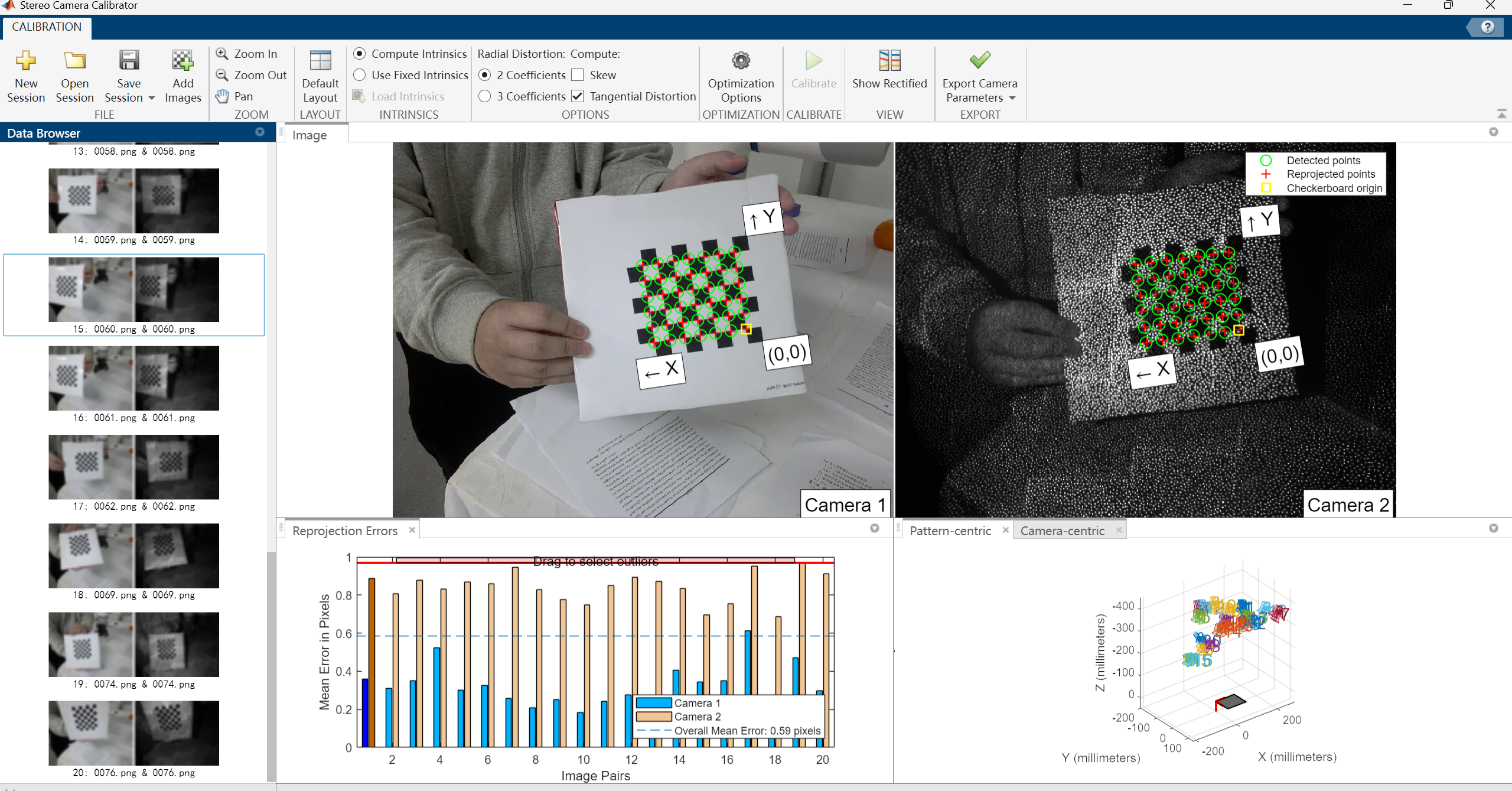 MATLAB camera calibration and reprojection-error record